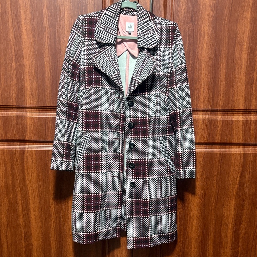 CAbi Plaid Pea Coat in Black, White & Burgundy